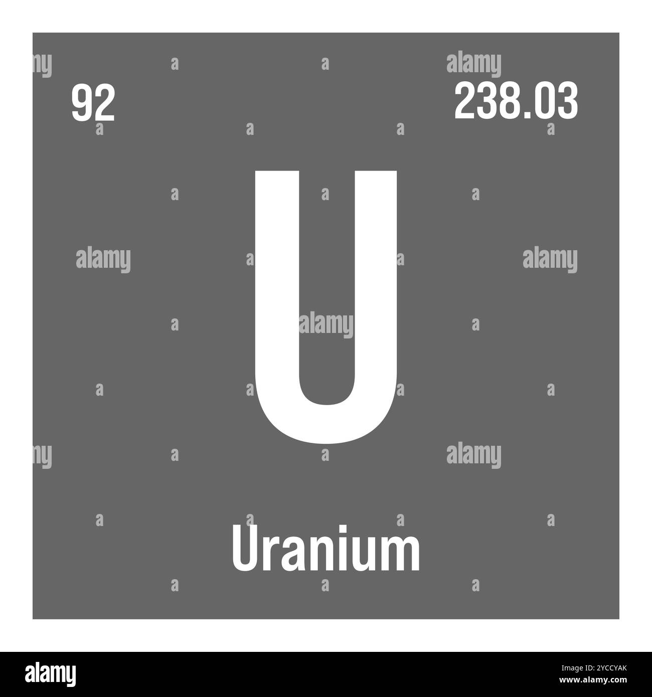 Uranio, U, elemento periodico della tabella con nome, simbolo, numero atomico e peso. Attinide con potenziali impieghi nell'energia nucleare e nella ricerca scientifica. Illustrazione Vettoriale