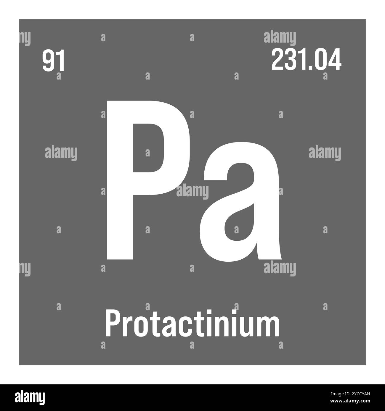 Protactinio, Pa, elemento periodico della tabella con nome, simbolo, numero atomico e peso. Elemento radioattivo sintetico con potenziali impieghi nella ricerca scientifica e nell'energia nucleare. Illustrazione Vettoriale
