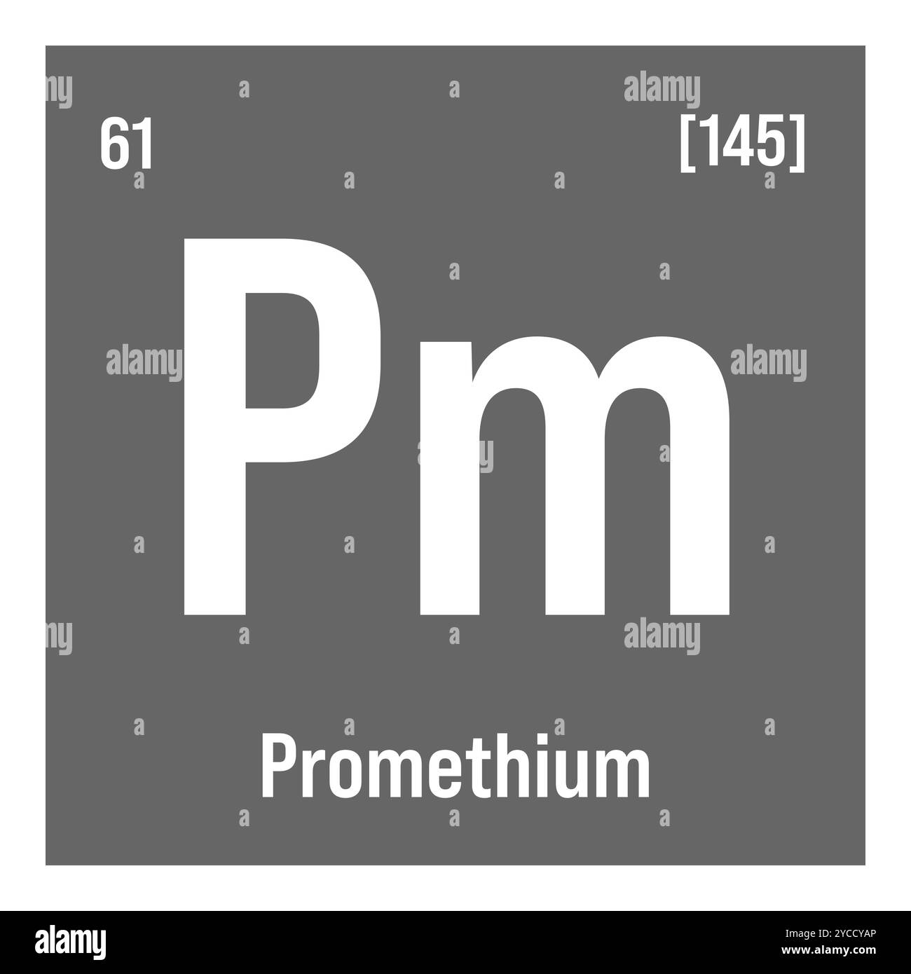 Prometium, PM, elemento periodico della tabella con nome, simbolo, numero atomico e peso. Elemento radioattivo sintetico con potenziali impieghi nella ricerca scientifica e nell'energia nucleare. Illustrazione Vettoriale