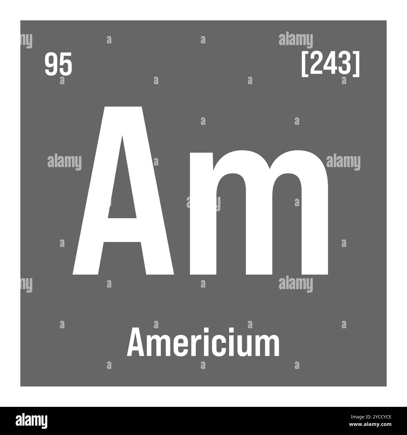 Americium, am, elemento tavola periodico con nome, simbolo, numero atomico e peso. Elemento radioattivo sintetico utilizzato nei rilevatori di fumo, come fonte di neutroni per la ricerca scientifica e per il trattamento del potenziale cancro. Illustrazione Vettoriale