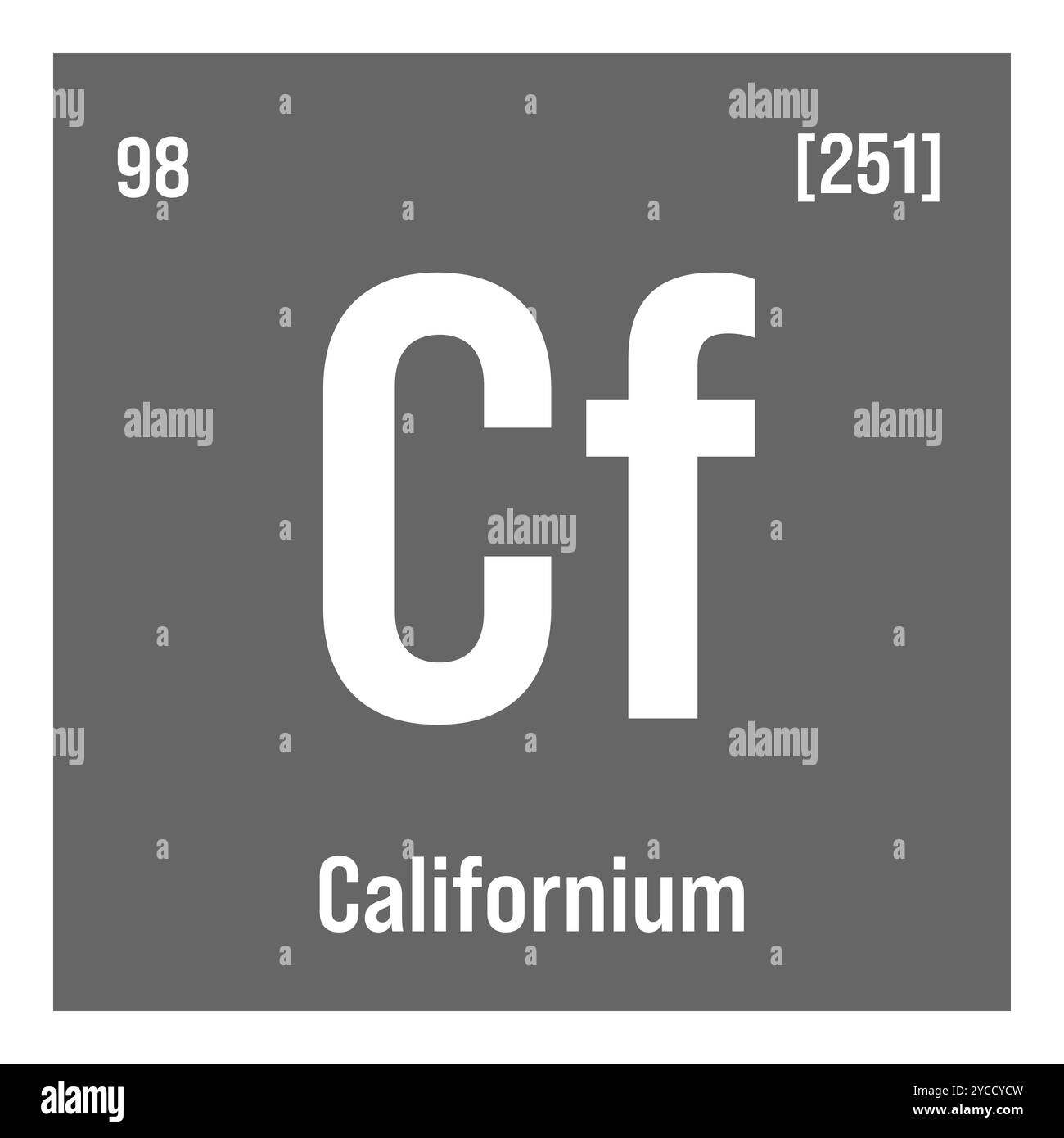 Californium, cf, elemento periodico della tabella con nome, simbolo, numero atomico e peso. Elemento radioattivo sintetico con potenziali impieghi nella ricerca scientifica e nell'energia nucleare. Illustrazione Vettoriale