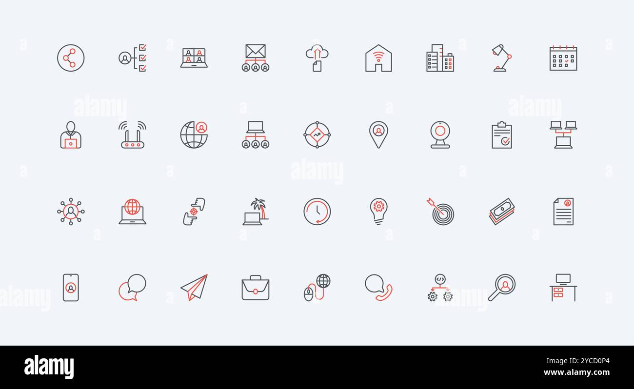 Set di icone per linee di comunicazione aziendali, conferenze digitali e lavoro in remoto da casa. Ambiente di lavoro dei dipendenti, codifica online e algoritmo sottili simboli di contorno neri e rossi illustrazione vettoriale Illustrazione Vettoriale