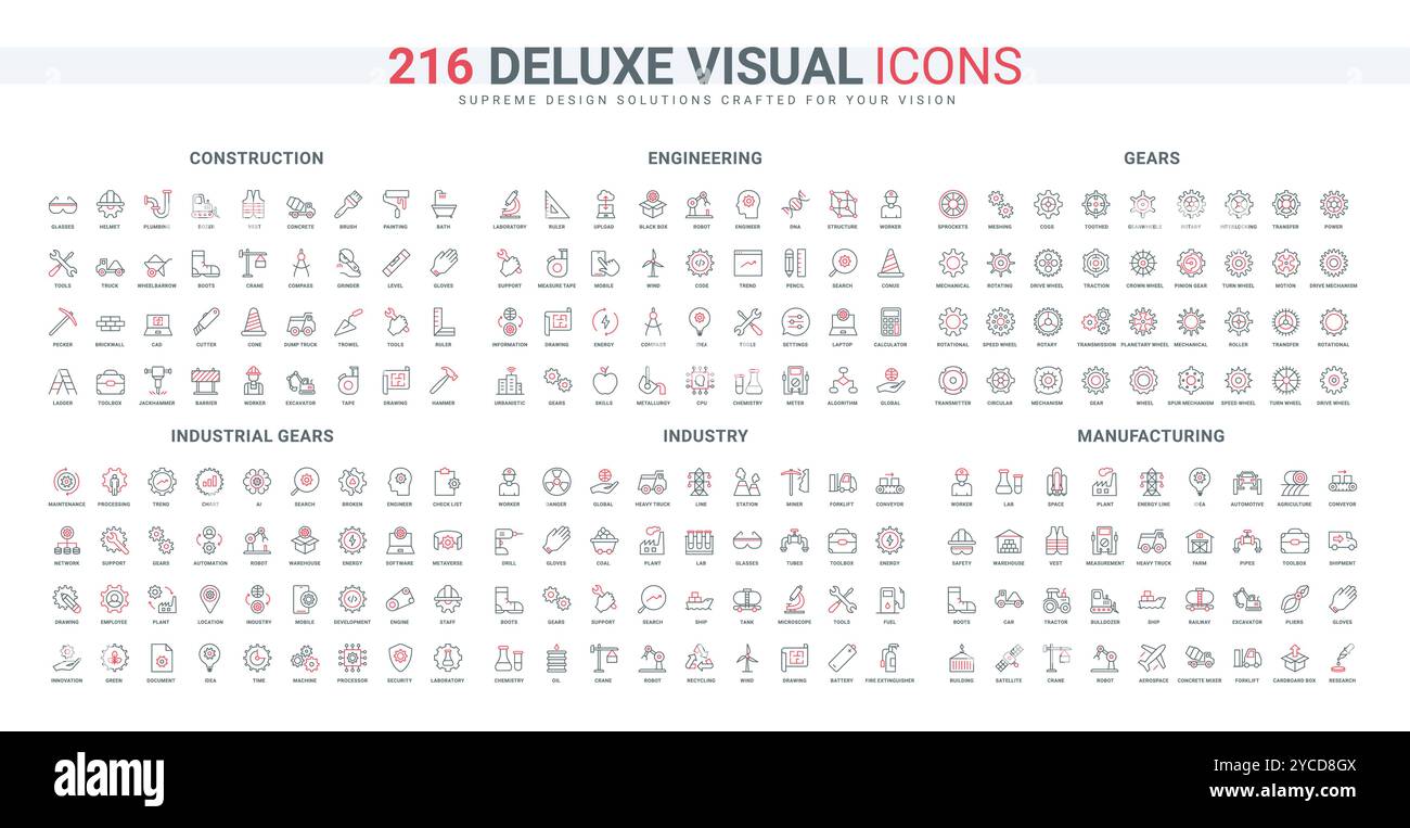 Settore edile, ingegneria, processi e strutture industriali, set di icone della linea di macchinari. Illustrazione vettoriale con simboli di colore rosso e nero sottili per la produzione, gli ingranaggi di fabbrica e del motore Illustrazione Vettoriale