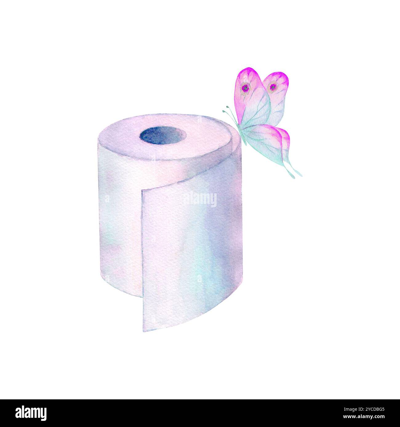 Rotolo di carta igienica acquerello e farfalla isolato su sfondo bianco. Illustrazione disegnata a mano con acquerello. Simbolo, segno di pulizia e igiene. Foto Stock