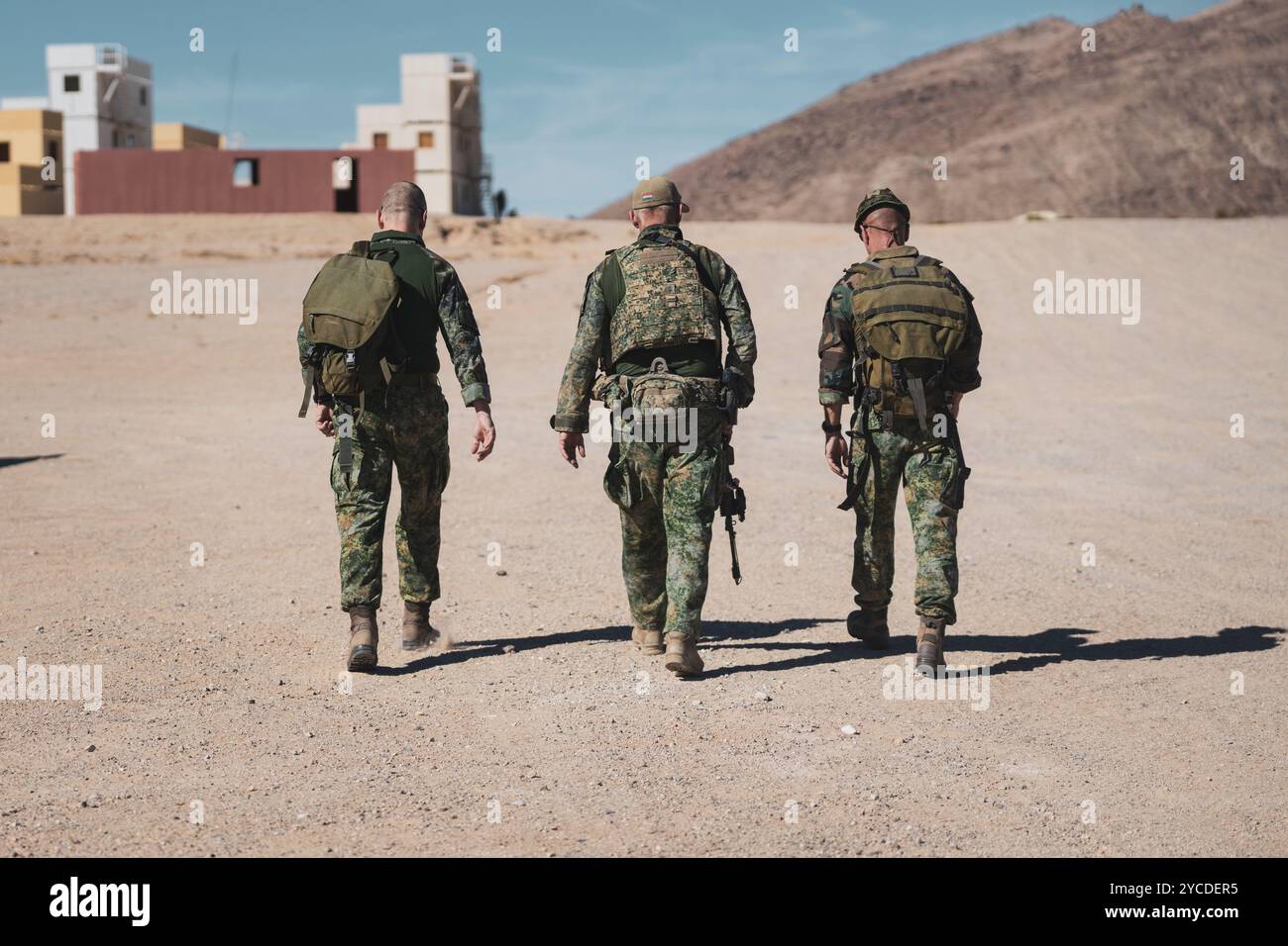 Royal Netherlands Marine Corps Brig. Il generale Ivo Moerman, comandante del corpo dei Marines dei Paesi Bassi, a sinistra, cammina attraverso la gamma 220 con i Marines olandesi durante una visita di osservazione al Marine Corps Air-Ground Combat Center, Twentynine Palms, California, 16 ottobre 2024. Moerman visitò l'MCAGCC per osservare i Marines olandesi e i Marines statunitensi che condussero un addestramento congiunto al fine di rafforzare meglio le alleanze e aumentare la competenza nelle operazioni congiunte. (Foto del corpo dei Marines degli Stati Uniti di Lance Cpl. Enge You) Foto Stock