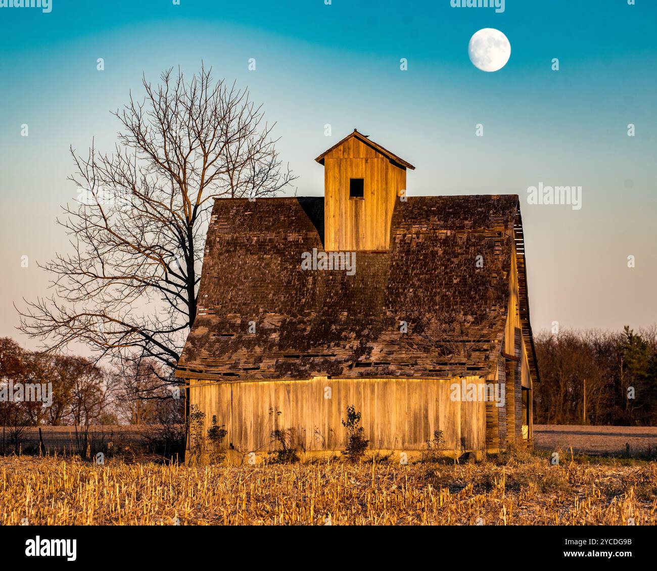 Old Corn Crib and Moon at Sunset in una fattoria dell'Iowa orientale Foto Stock