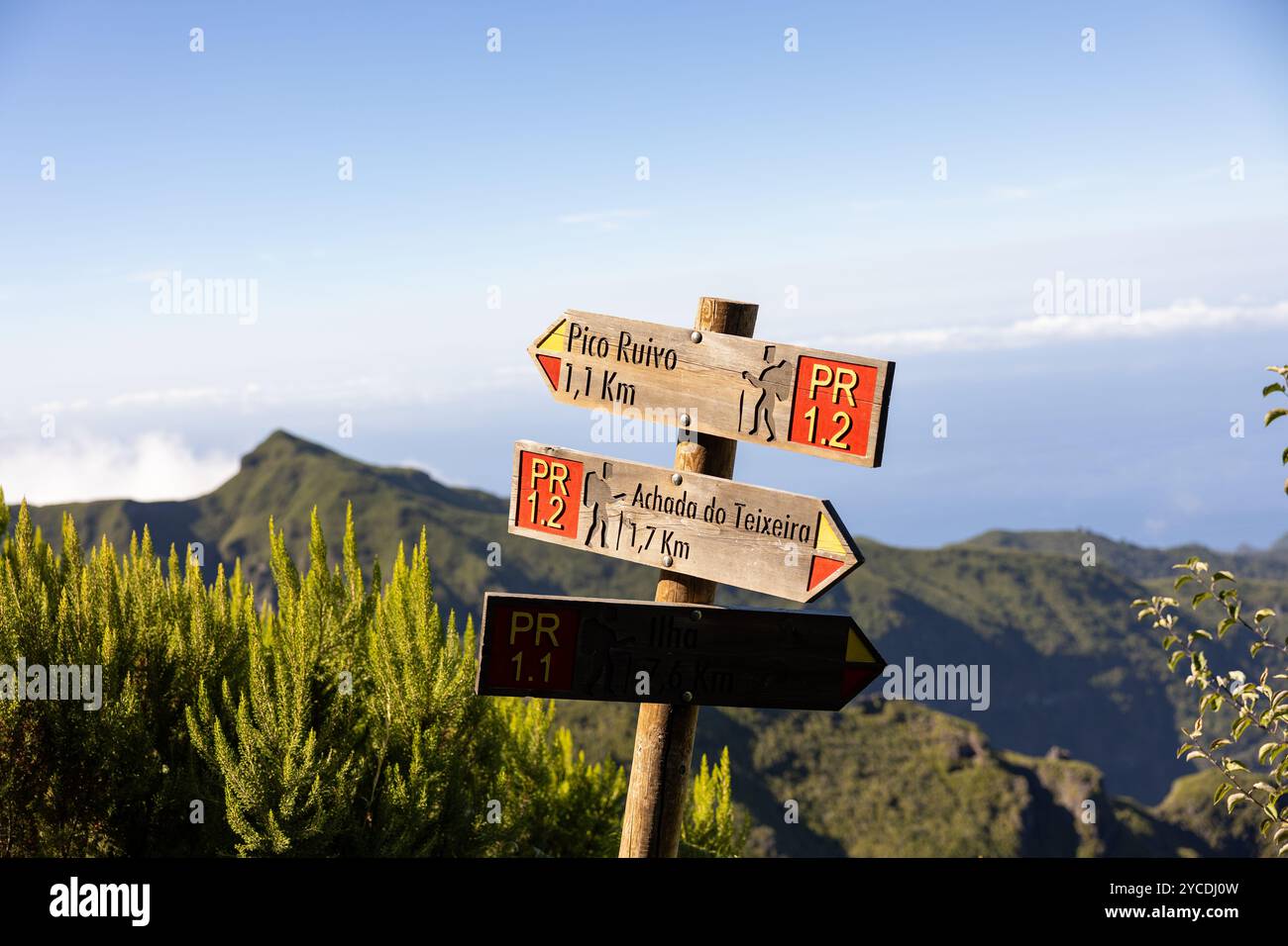 Pico Ruivo, percorsi singpost per turisti in montagna, specifica l'estensione di un percorso e la sua complessità, e anche i nomi. Isola di Madeira, Madeira Foto Stock