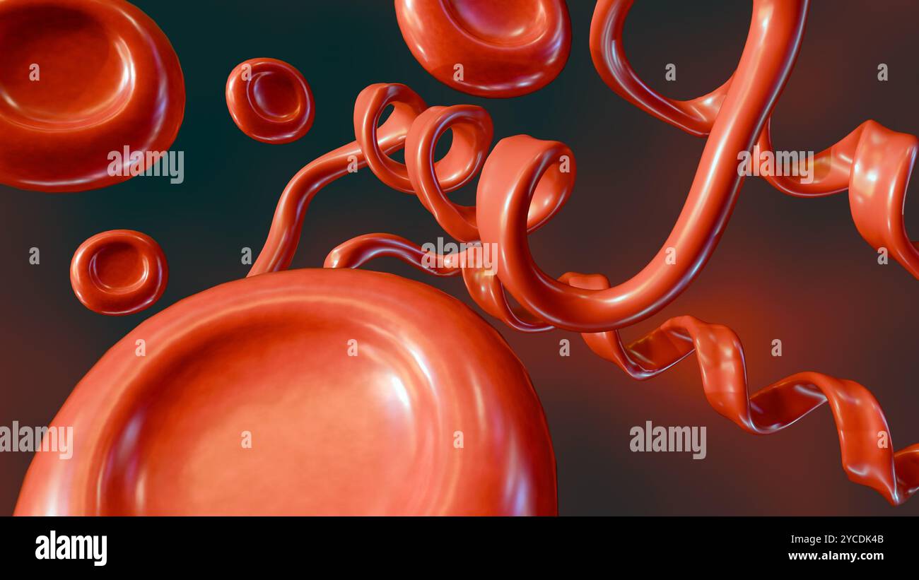 rendering 3d di eritrociti o eritrociti e molecole proteiche sparse. L'interazione tra queste proteine e le molecole dell'emoglobina Foto Stock