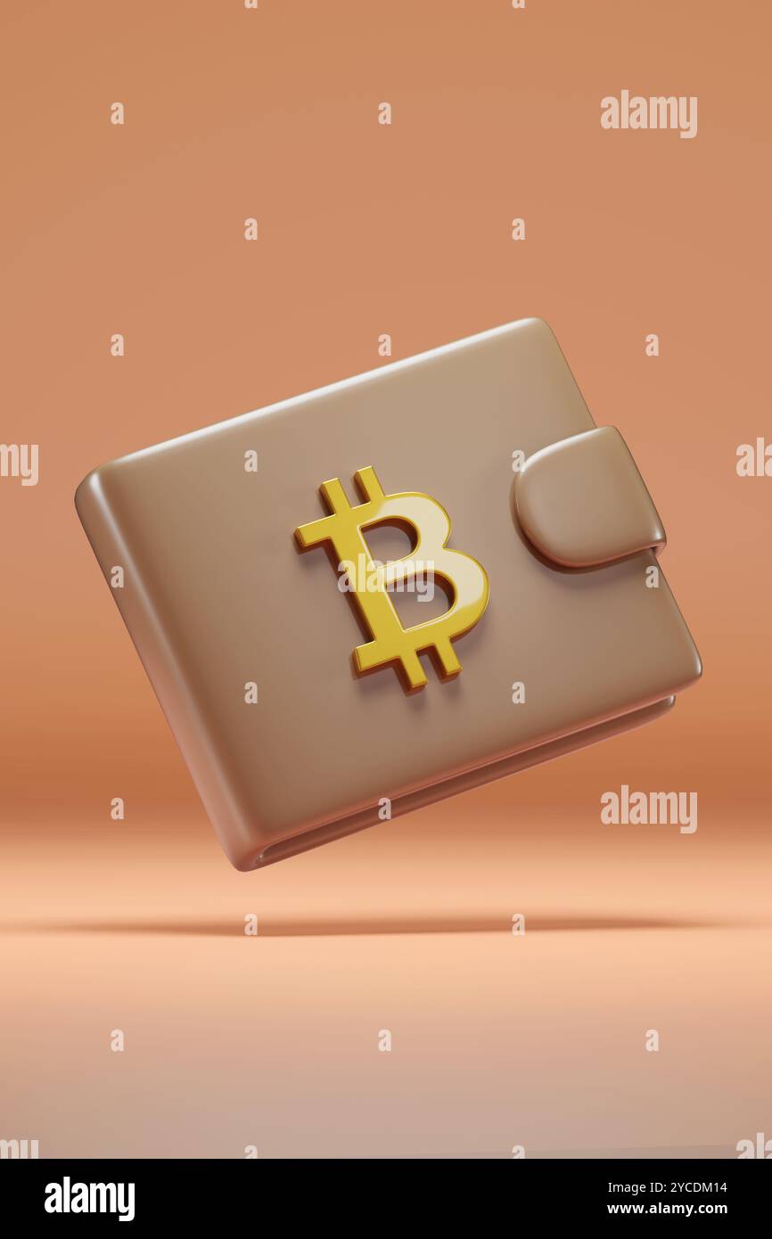 Portafoglio con simbolo bitcoin su sfondo arancione. illustrazione 3d. Foto Stock