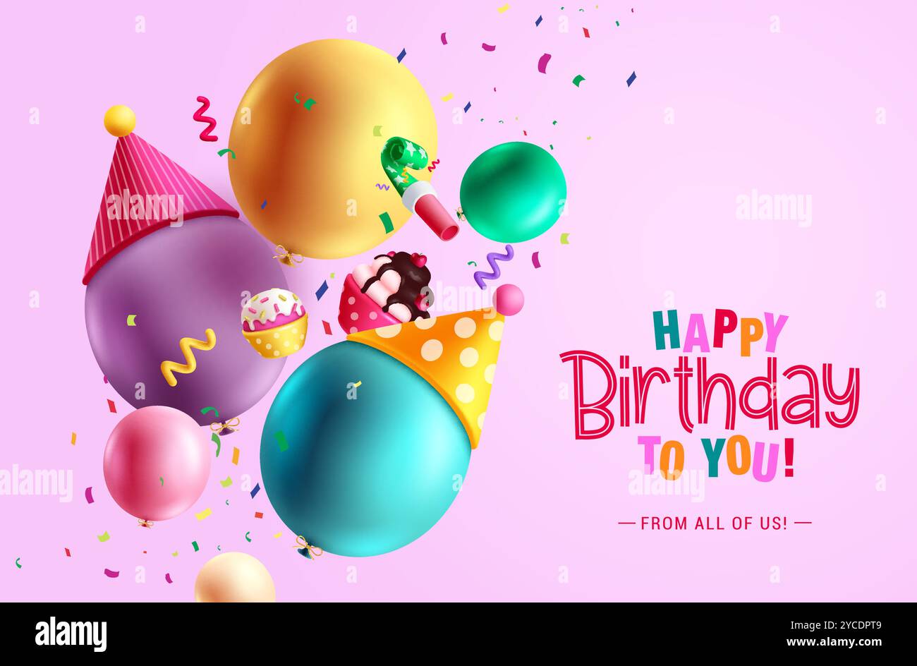 Buon compleanno design vettoriale. Testo del saluto di compleanno con palloncini e elementi per la festa della torta. Modello di scheda di invito illustrazione vettoriale. Illustrazione Vettoriale