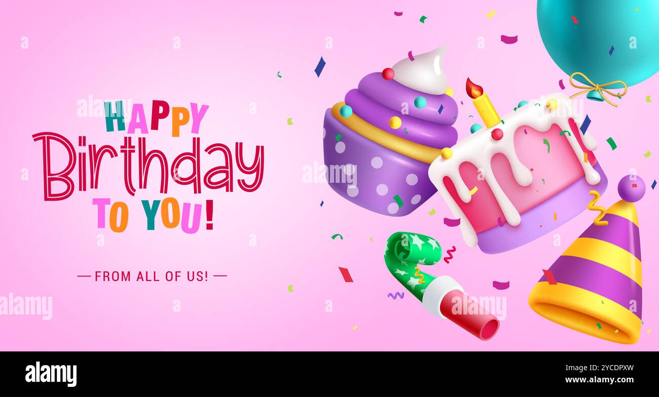 Buon compleanno design vettoriale di testo. Auguri di compleanno con elementi da festa su sfondo rosa. Scheda di invito illustrazione vettoriale. Illustrazione Vettoriale