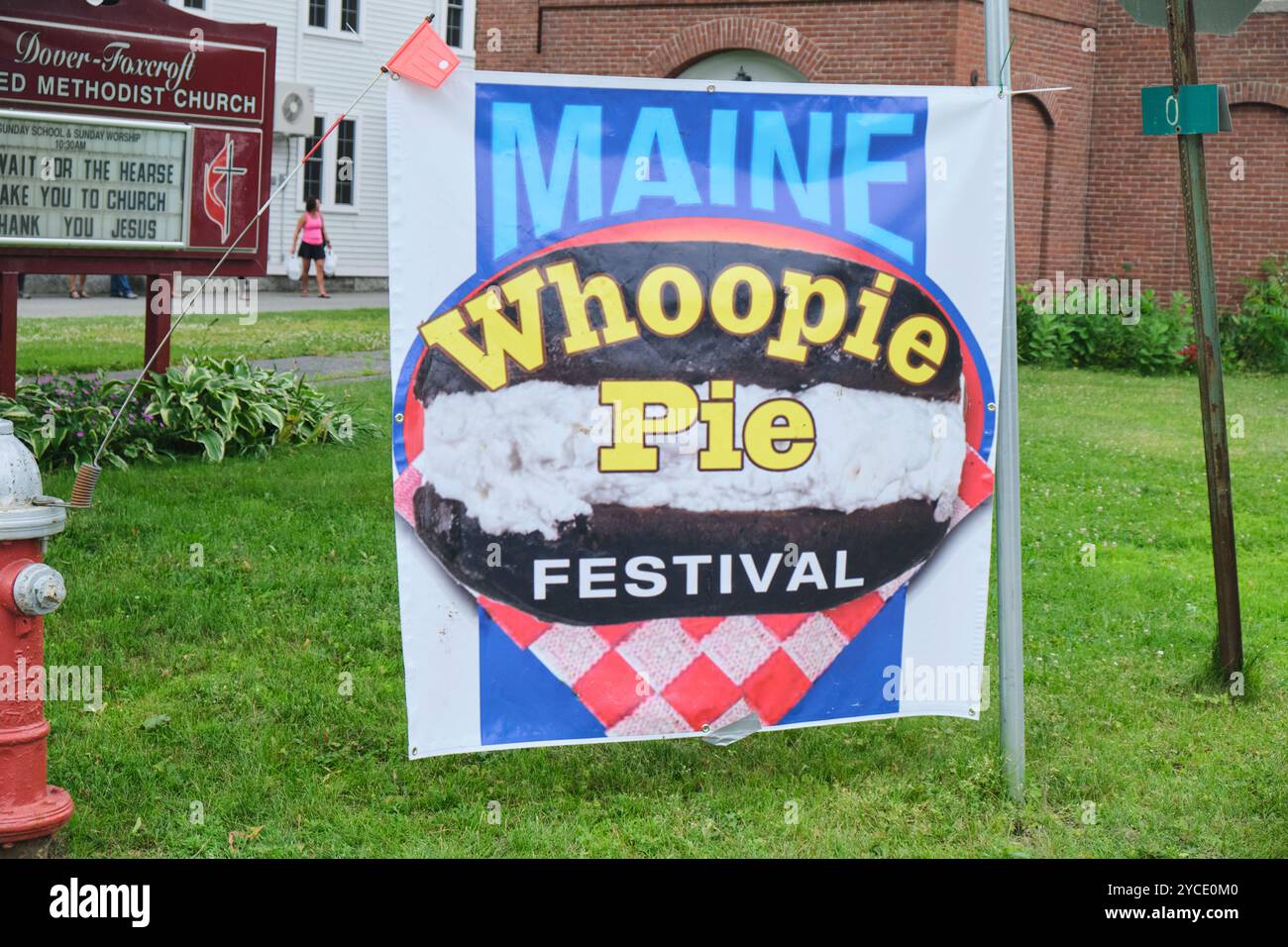 Il segno, il logo, lo striscione per il festival delle torte, la festa. Al Whoopie Pie Festival di dover-Foxcroft, Maine, New England, Stati Uniti Foto Stock