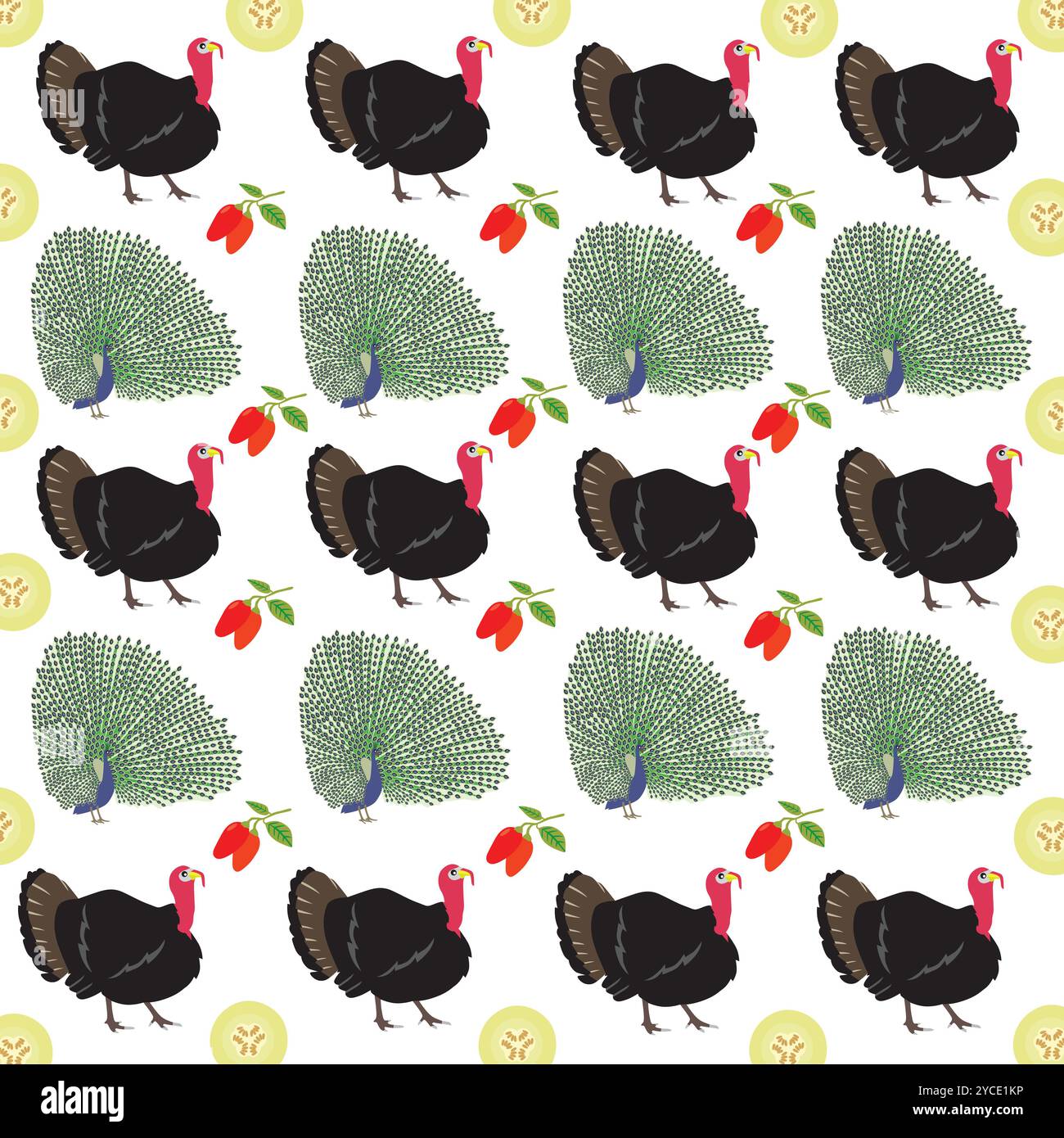 tacchino, pavone con frutta come sfondo Illustrazione Vettoriale