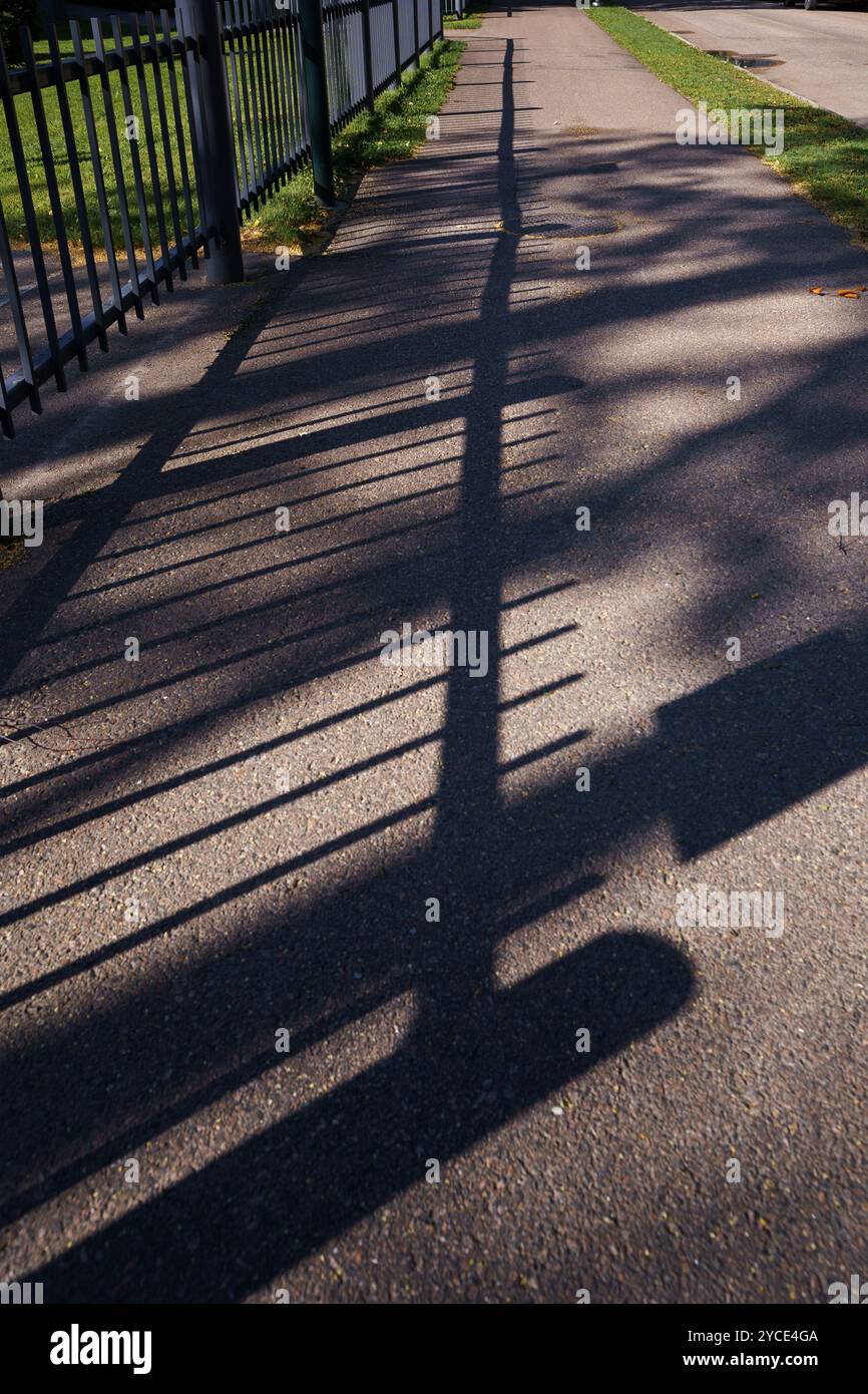 Lunghe ombre gettate da una recinzione in una giornata di sole Foto Stock