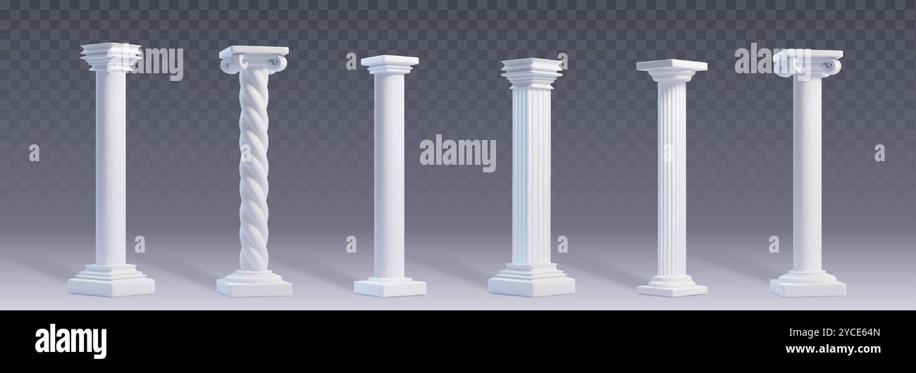 Antica colonna romana in marmo bianco di diverse forme e ornamenti per il design di edifici di architettura greca. set vettoriale 3d di elementi di templi e pilastri del castello per la decorazione di facciate o portici colonnati Illustrazione Vettoriale