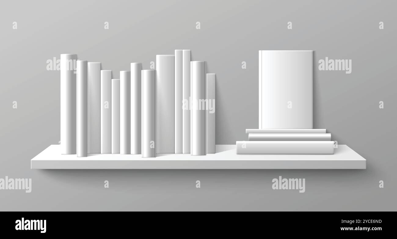 Modello Bookshelf isolato su sfondo grigio. Illustrazione vettoriale realistica di libri vuoti con copertine bianche su scaffale a parete, libreria o libreria di libri, attività editoriali, hobby di lettura Illustrazione Vettoriale