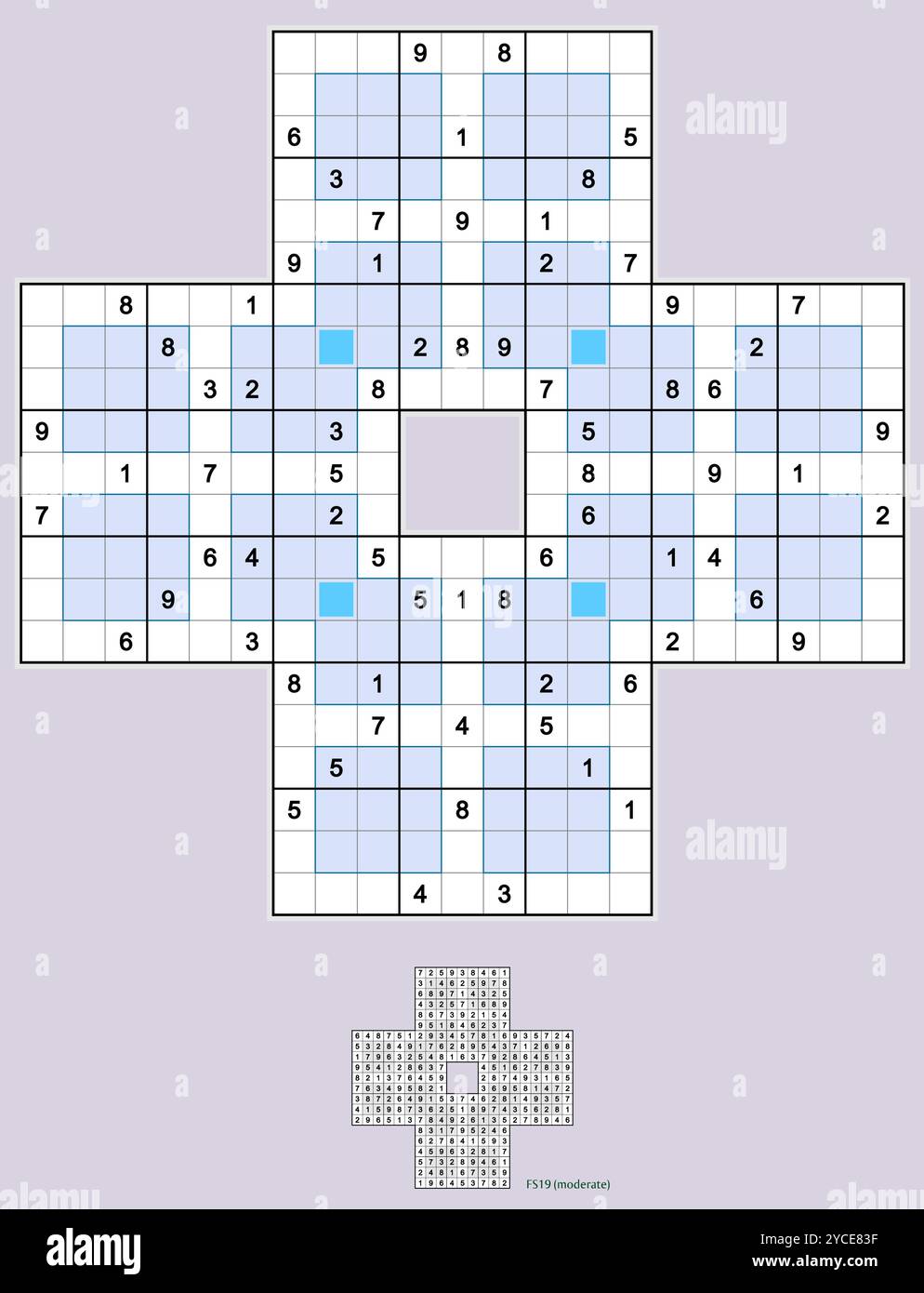 Sohei Sudoku con variante windoku. Quattro puzzle windoku sovrapposti, piena simmetria. Moderato, 72 indizi. MK II Vector. Illustrazione Vettoriale