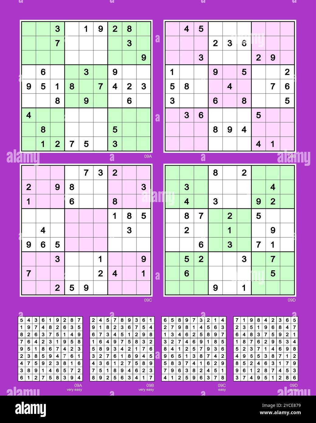 Sudoku Set n.9 MK II simmetria 180°. Molto facile (- e +), facile (- e +). 30, 29, 28, 27 indizi. Valutazione avanzata basata sull'analisi di sei percorsi di risoluzione. Illustrazione Vettoriale