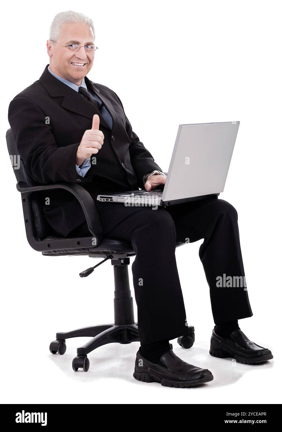Coppia uomo d affari mostra Thumbs up sul business di successo su sfondo bianco Foto Stock