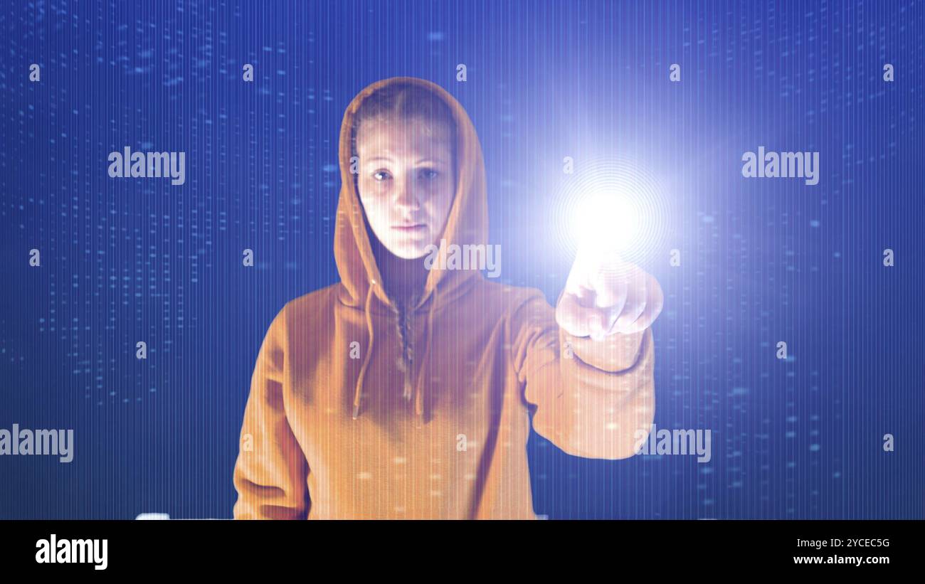 La ragazza con cappuccio punta con la mano in un ambiente digitale cyberspaziale, ideale per argomenti come l'ecologia e la sicurezza online, concetto Foto Stock