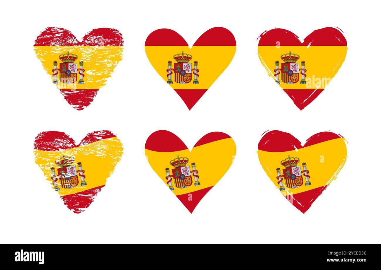 Collezione creativa di cuori astratti spagnoli disegnati a mano. Set di etichette con sfondo flag e maschera di ritaglio isolata. Amo il logo della Spagna Illustrazione Vettoriale