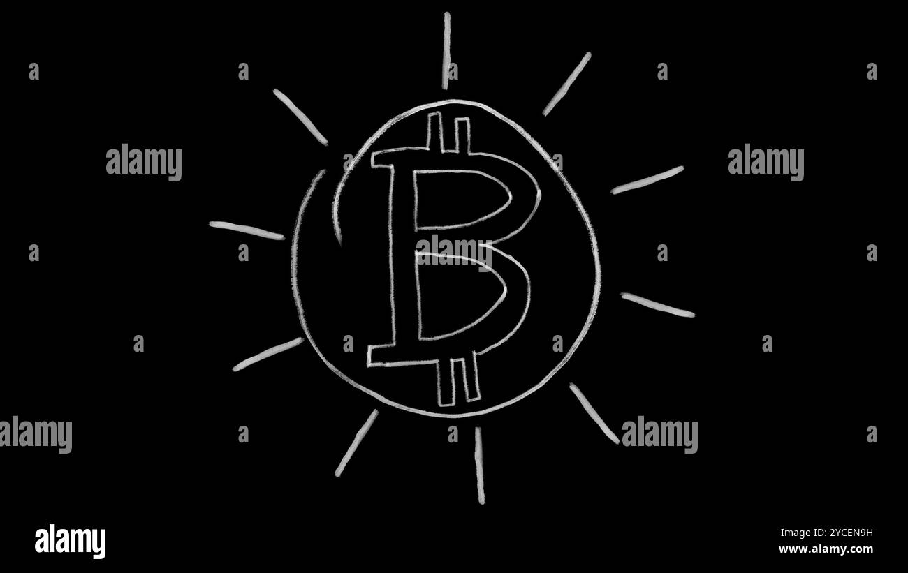 Simbolo bitcoin animato, tratto gesso su sfondo nero, ideale per la composizione, da utilizzare come maschera, ideale per dati, affari, finanza e Internet, ico Foto Stock