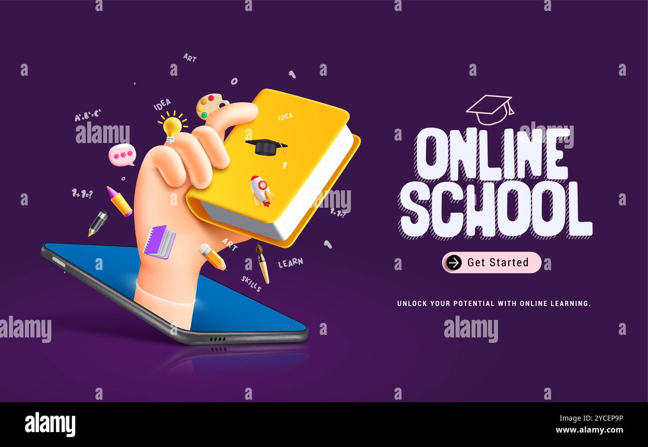 Progettazione del concetto vettoriale di testo scolastico online. Corso di e-learning Back to School su smartphone e tablet. Illustrazione vettoriale Illustrazione Vettoriale