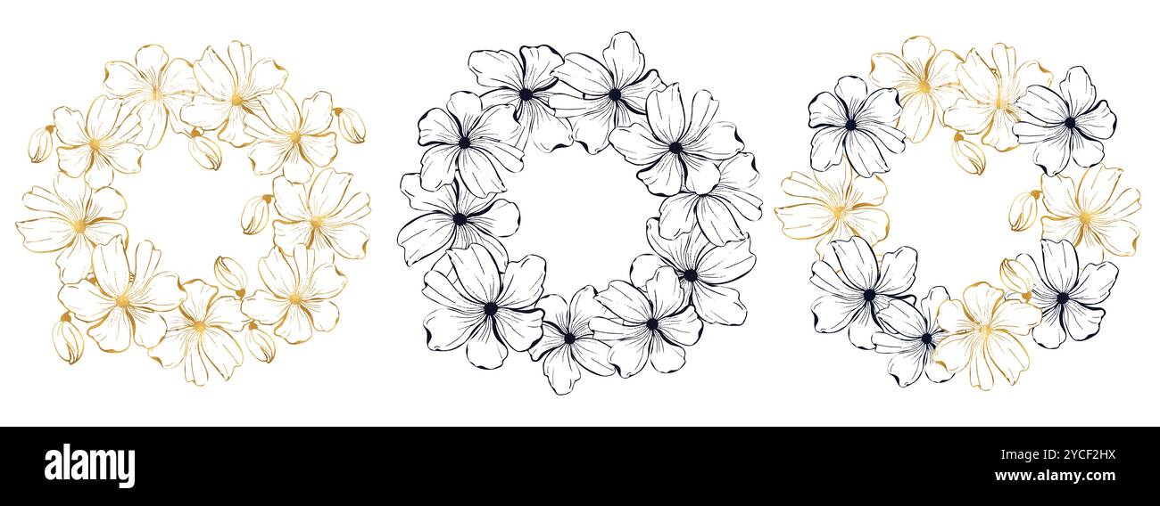 Un disegno in bianco e nero e oro di una corona di fiori con sfondo bianco. I fiori sono disegnati in modo stilizzato, con ogni petalo e stelo c Illustrazione Vettoriale