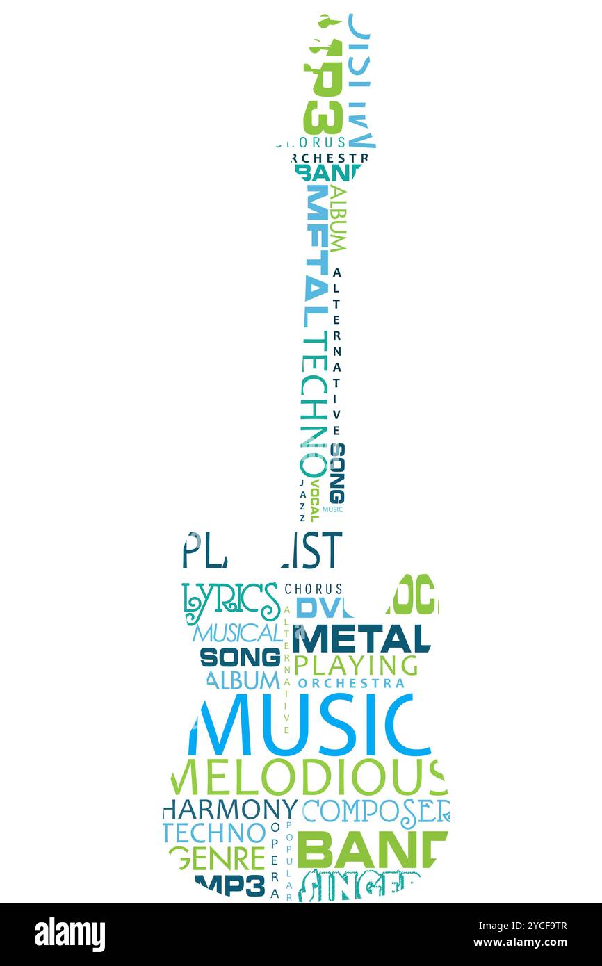 Illustrazione vettoriale di chitarra formata da testo relativo alla musica Foto Stock