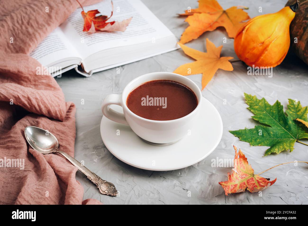 Una tazza di caffè, zucca, foglie autunnali, un libro e un tovagliolo rosa. Casa accogliente, concetto autunnale. Vista dall'alto. Foto Stock