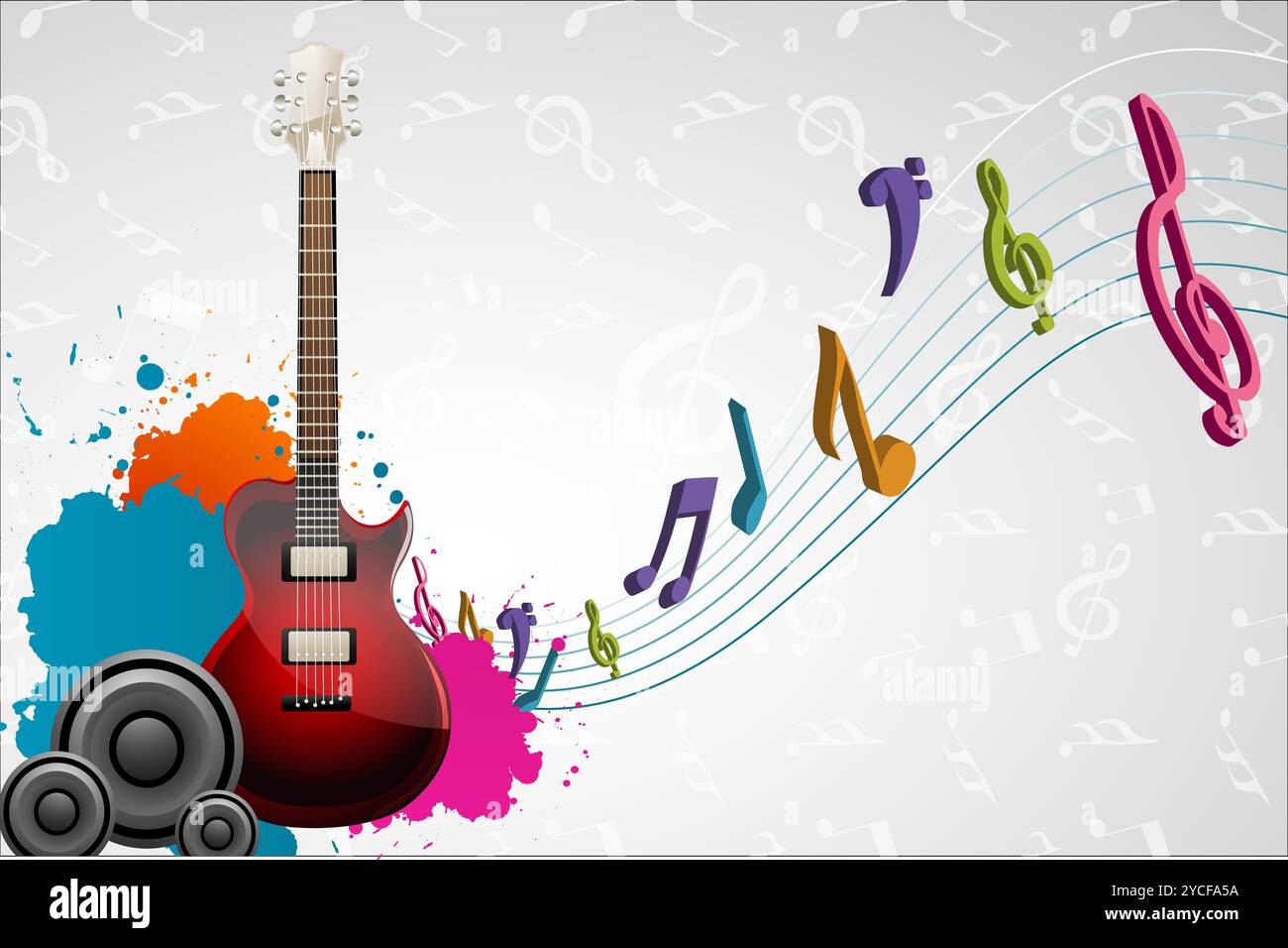 Illustrazione della chitarra con note musicali su abstract background musicale Foto Stock
