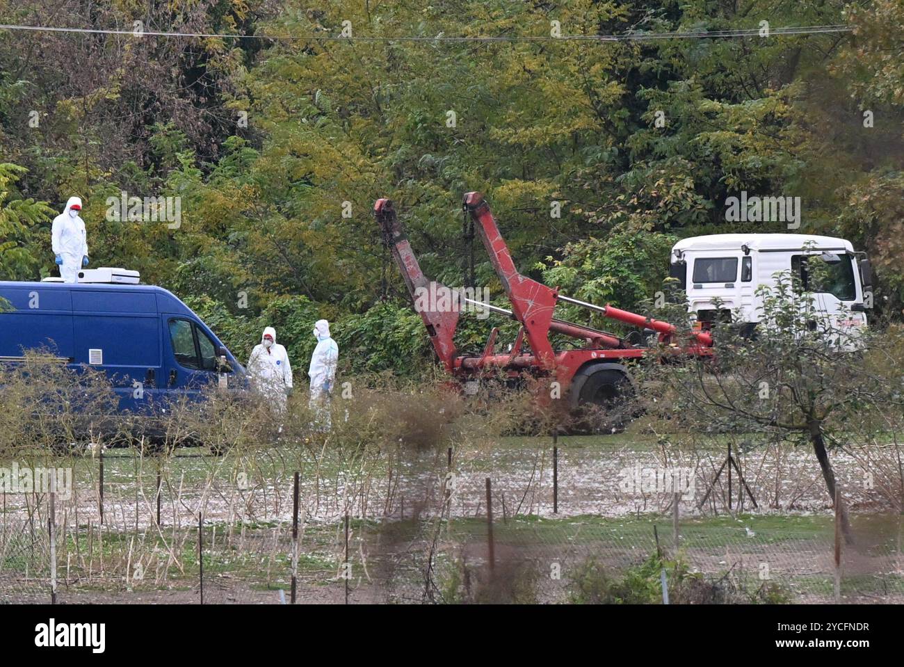 Hodonin, Repubblica Ceca. 23 ottobre 2024. Veterinari e vigili del fuoco hanno iniziato ad abbattere circa 7.000 volatili in un allevamento di pollame acquatico commerciale Rybarstvi Hodonin vicino a Hodonin, Moravia meridionale, il 23 ottobre 2024, dove è stata rilevata l'influenza aviaria. Crediti: Vaclav Salek/CTK Photo/Alamy Live News Foto Stock