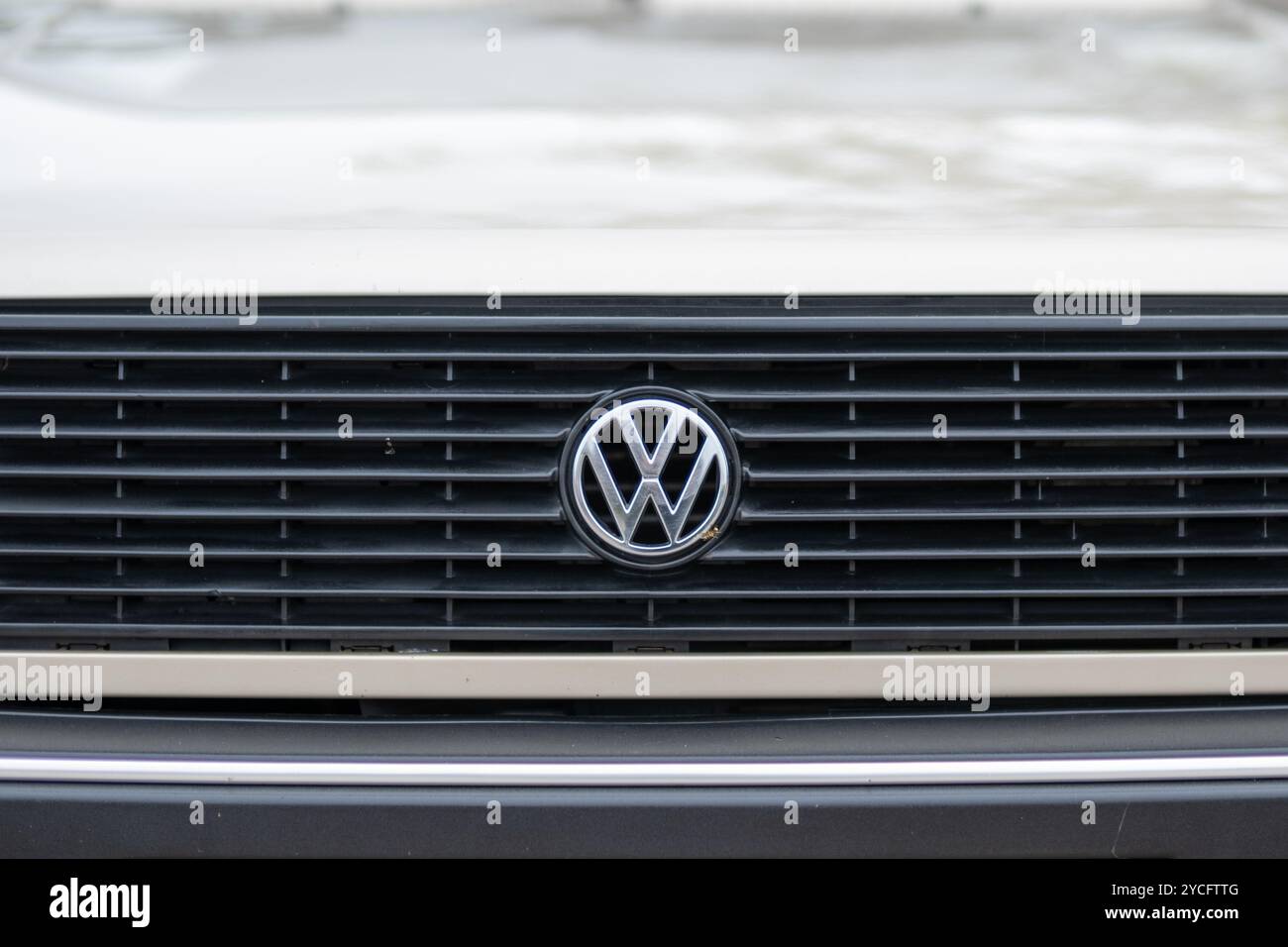 Vista ravvicinata di una classica griglia Volkswagen con l'iconico logo VW, che rappresenta un design e un patrimonio automobilistico senza tempo. Foto Stock