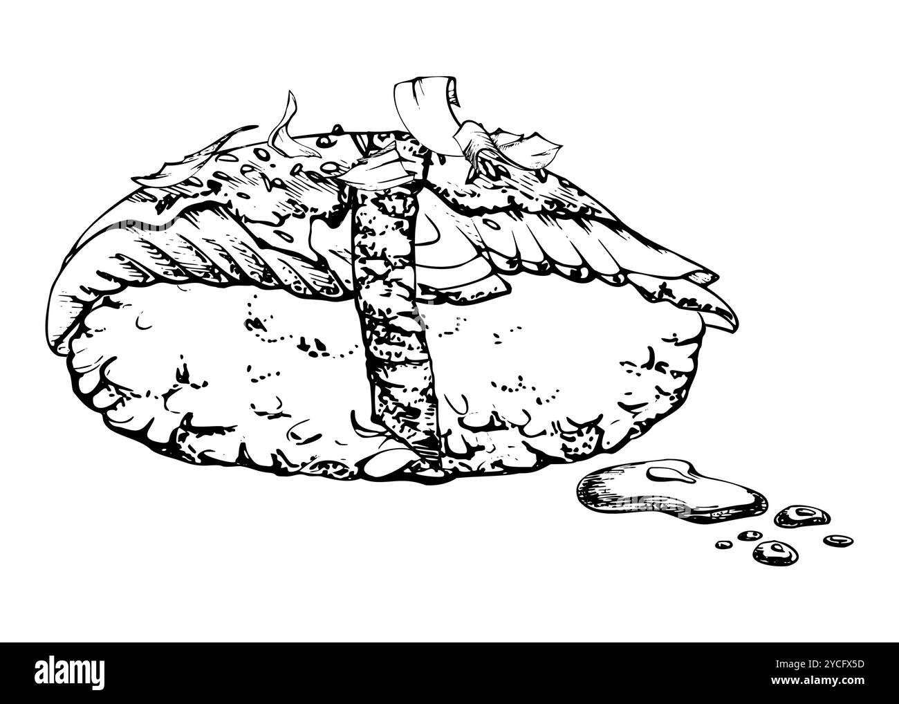 Cibo tradizionale giapponese, sushi nigiri con unagi di pesce crudo sgombro saba con nori sesamo, gocce di salsa di soia, disegnato a mano in penna vettoriale, inchiostro Illustrazione Vettoriale