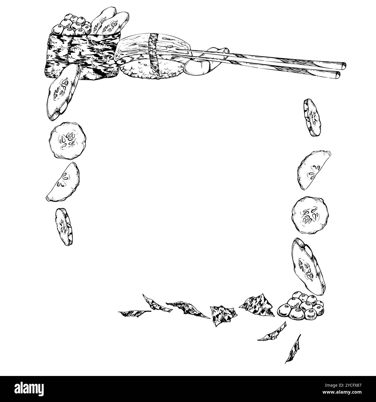 Cucina tradizionale giapponese, sushi gunkan nigiri pesce crudo, tamagoyaki al caviale di salmone, fette di cetriolo, fiocchi di nori, bacchette, disegnate a mano in penna vettoriale Illustrazione Vettoriale