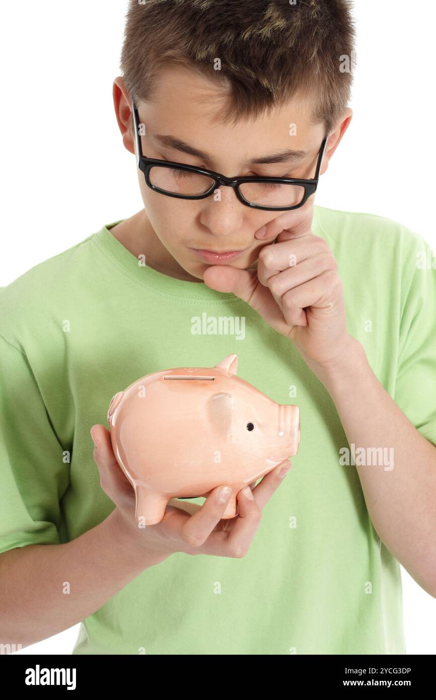 Bo pensando con scatola di denaro - risparmio, finanze Foto Stock