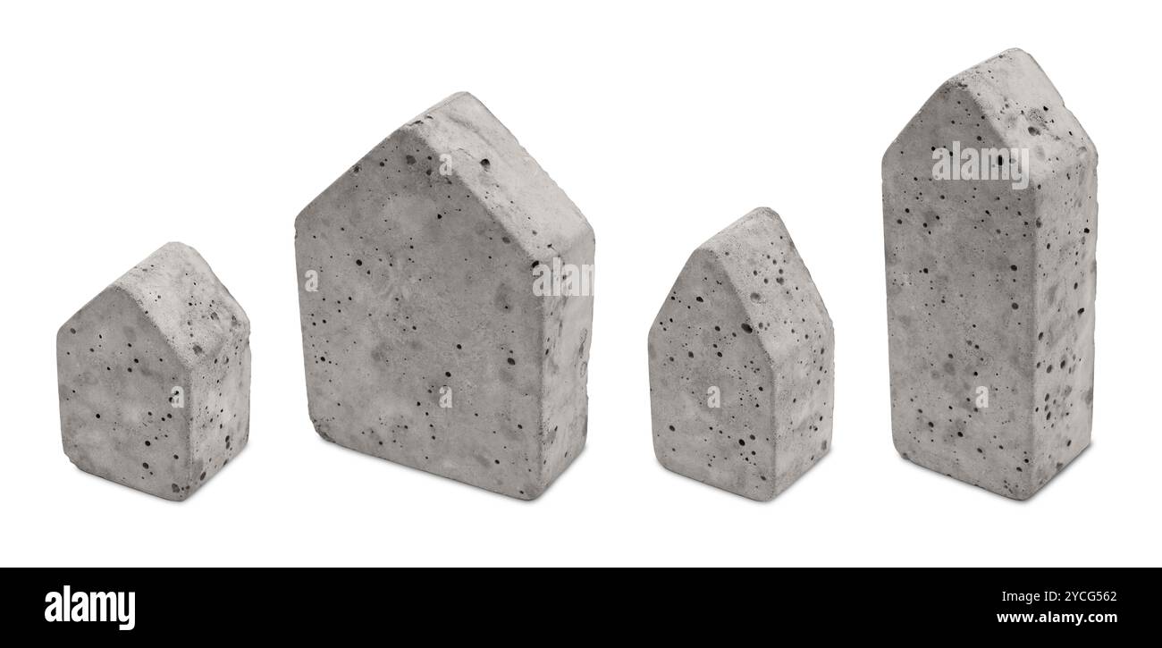 Set di blocchi minimalisti in cemento a forma di casa di dimensioni variabili, isolati su sfondo bianco. Aspetto industriale grezzo. Edificio stilizzato, architettura Foto Stock