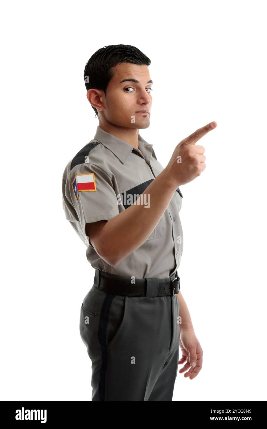 Responsabile sicurezza o operaio puntare il dito Foto Stock