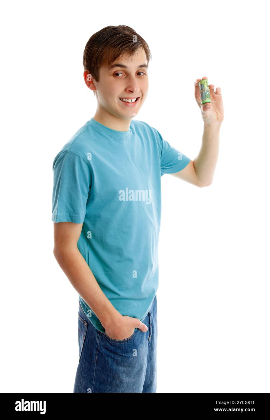 Felice bohy holding arrotolato in contanti Foto Stock