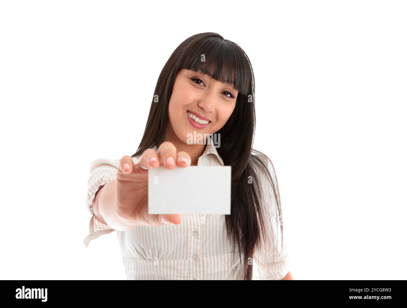Bella Donna sorridente con business o ID card Foto Stock