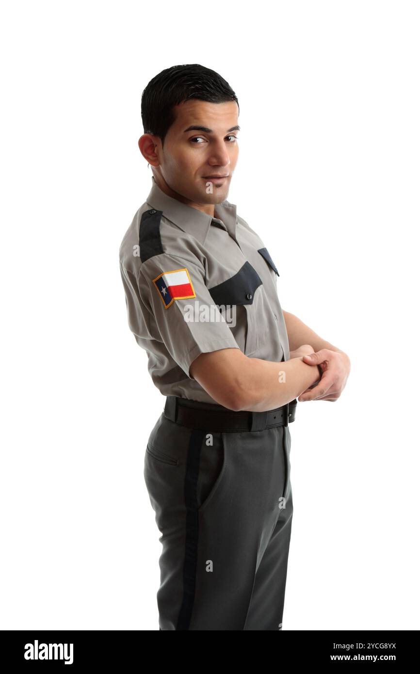 Lavoratore di sesso maschile in uniforme lateralmente permanente Foto Stock