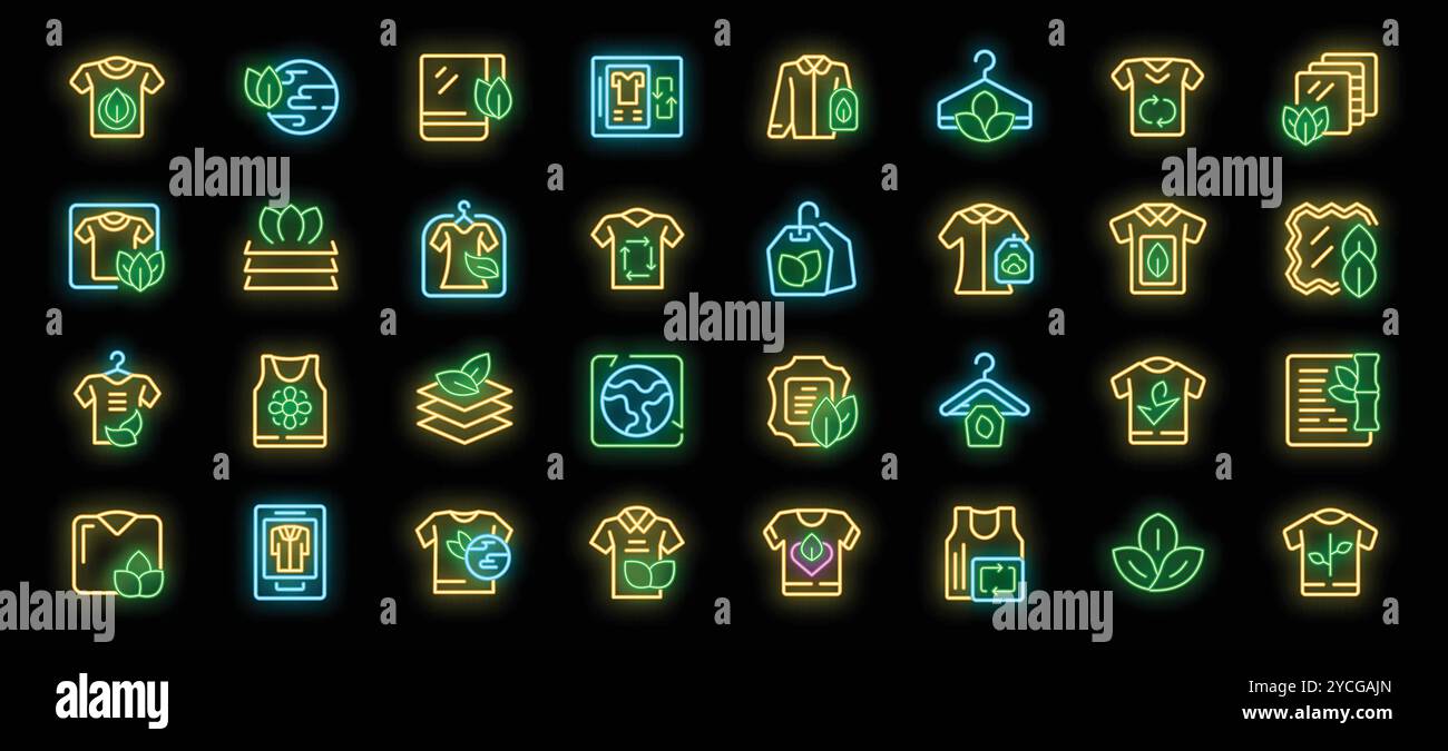 Le icone al neon dell'industria tessile e dell'abbigliamento ecologico sono un vettoriale. Produzione di capi di abbigliamento e abbigliamento eco-compatibili, moda sostenibile e illustrazioni di servizi di lavanderia Illustrazione Vettoriale