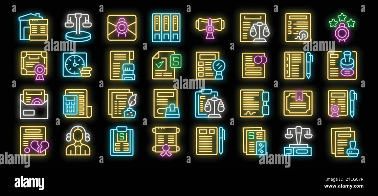 Set di icone neon che rappresenta un notaio che fornisce vari servizi notarili, con immagini brillanti di documenti legali e relativi simboli Illustrazione Vettoriale