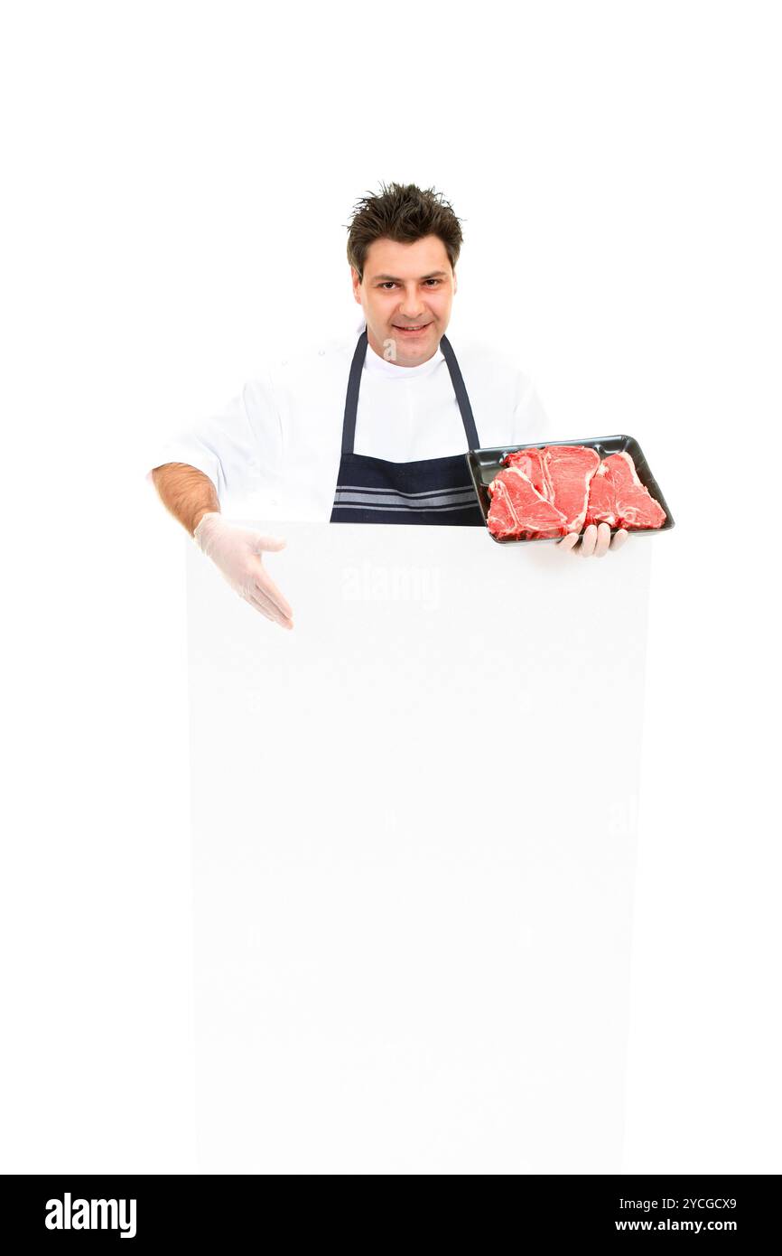 Butcher con pubblicità segno Foto Stock