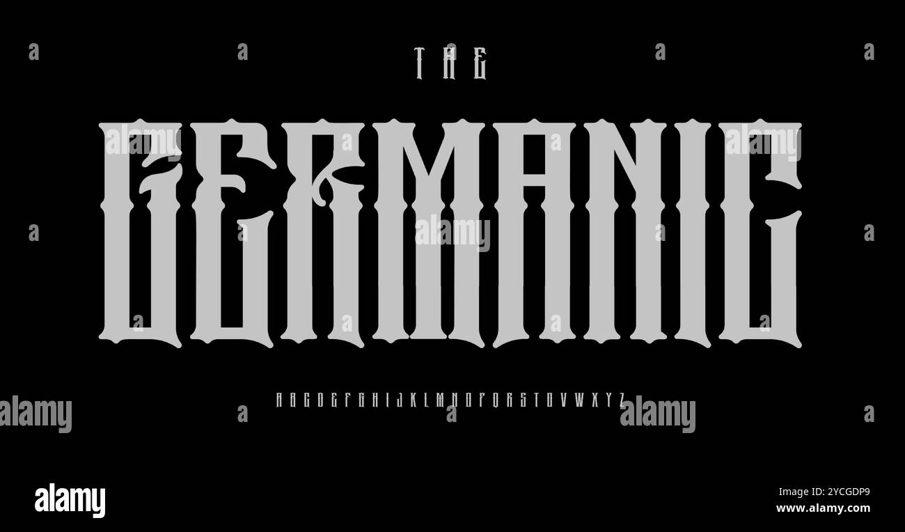Carattere gotico con lettera nera, lettere schwabacher con bordi netti, alfabeto fraktur per tatuaggi, logo musicale heavy metal, Old School Illustrazione Vettoriale