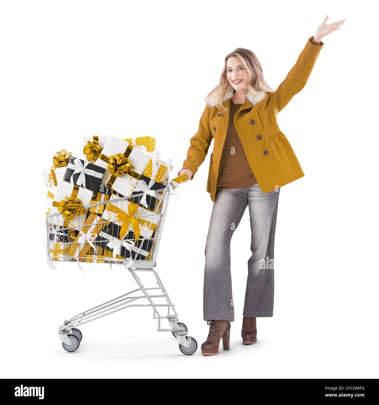 Regalo di Natale, donna felice con carrello pieno di scatole regalo, indossa un cappotto, isolato su sfondo bianco. Offerta Store Pro perfetta per la vendita Foto Stock