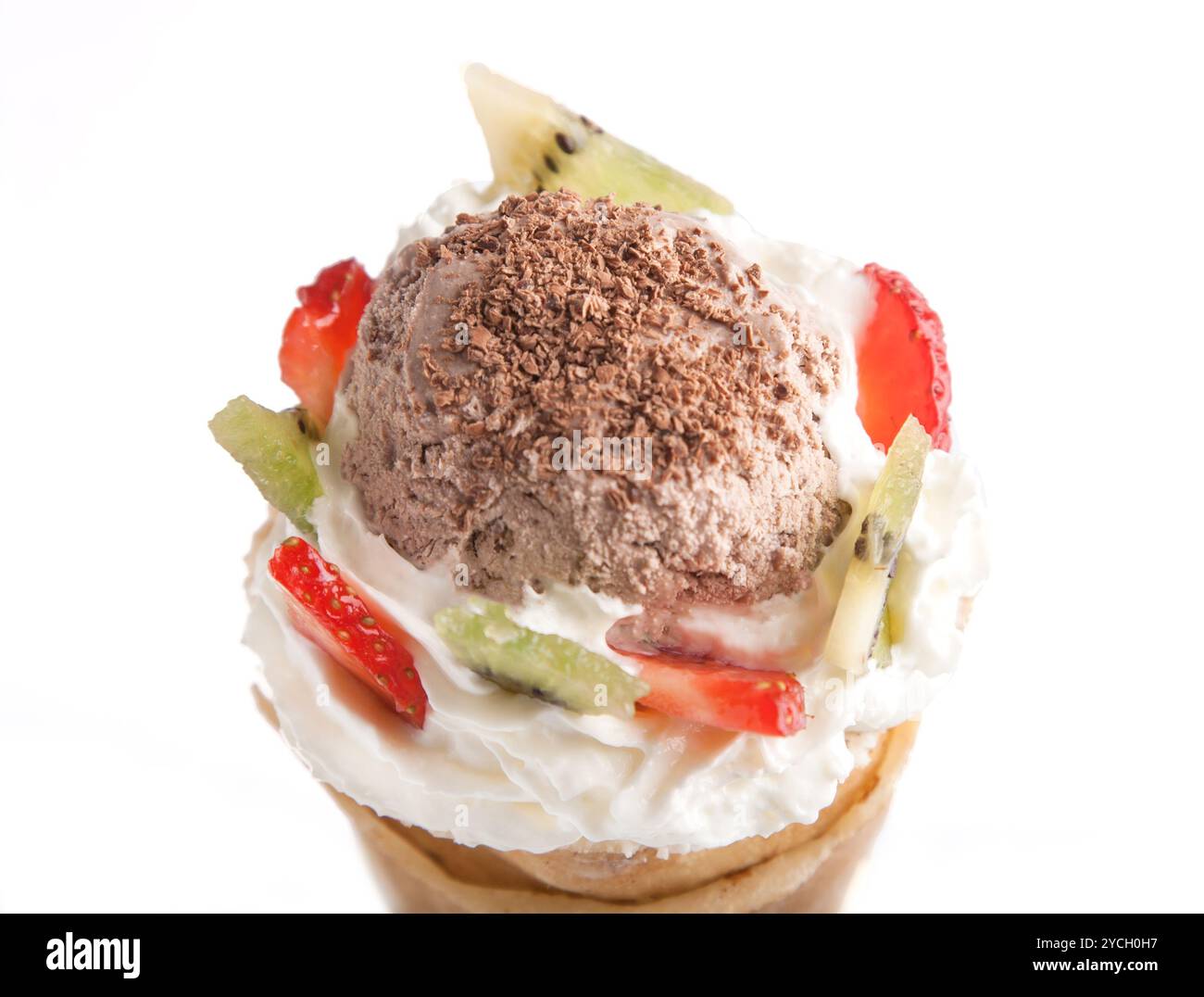 Pancake a cono con gelato e frutta Foto Stock