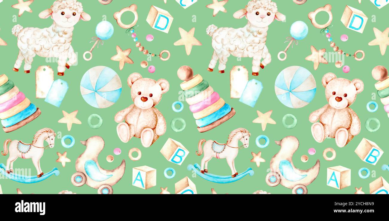 Giocattoli per bambini piccoli. Motivo ad acquerello in colori pastello. Motivo senza cuciture con giocattoli disegnati a mano. Adatto per la decorazione di interni per bambini, imballaggi e tessuti Foto Stock