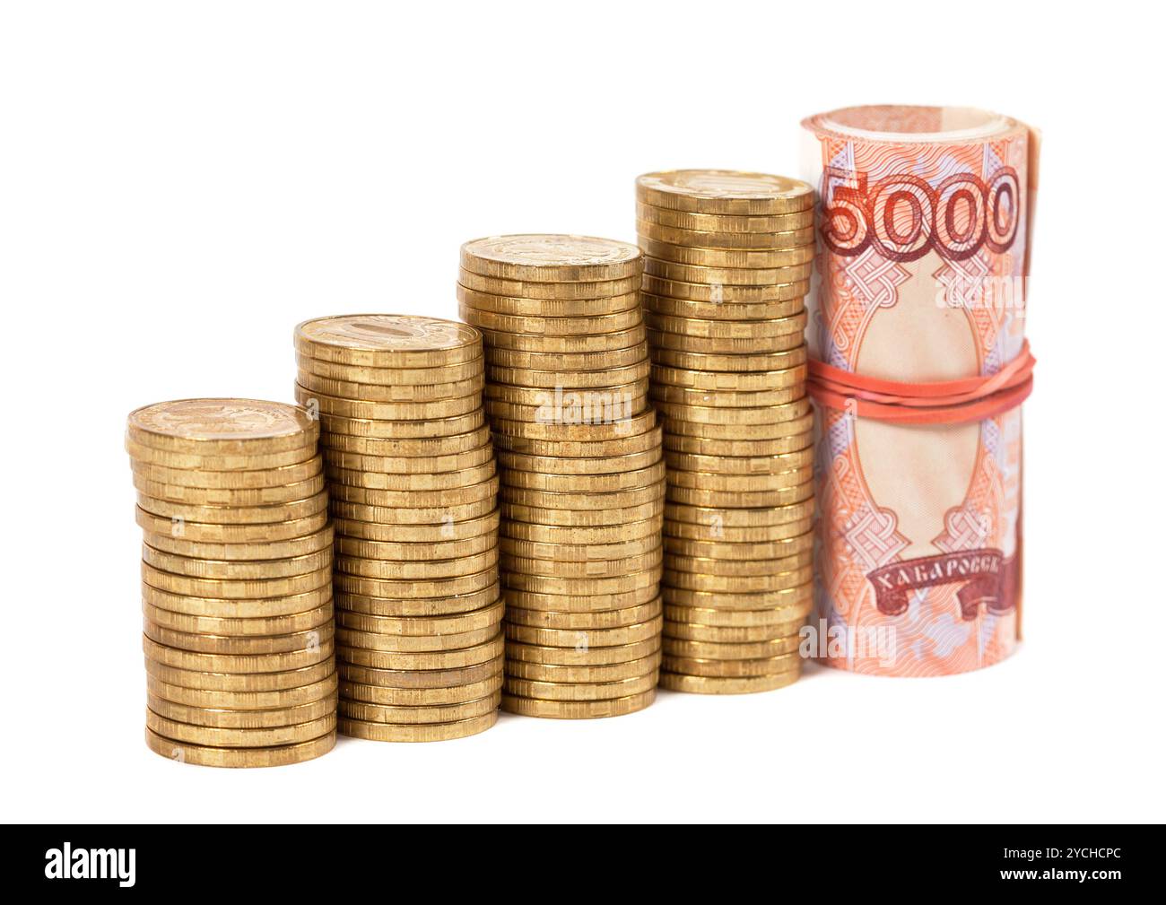 Di rubli russi le banconote e le monete in euro su bianco Foto Stock