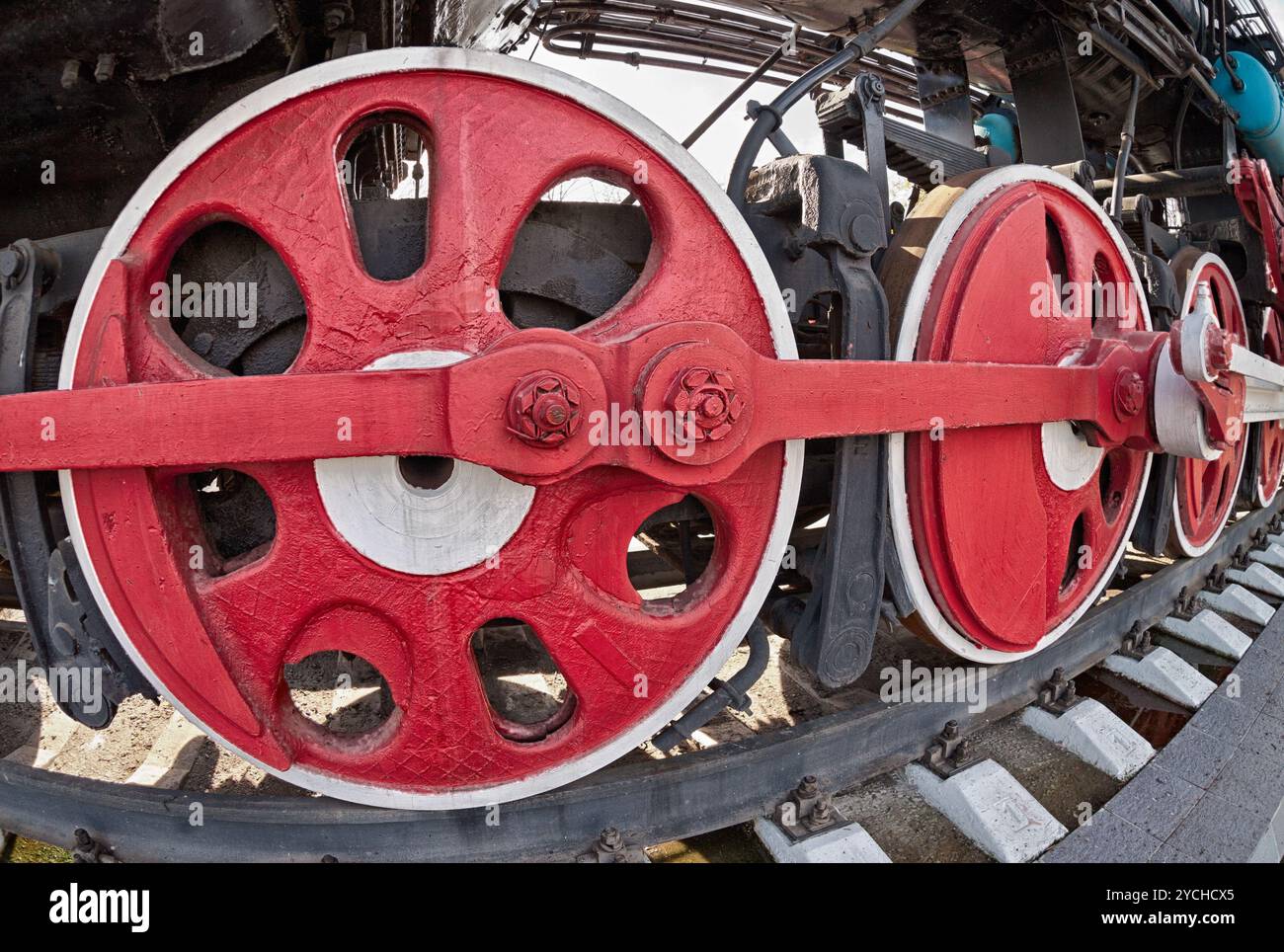Vecchia locomotiva a vapore ruota e i dettagli delle aste Foto Stock